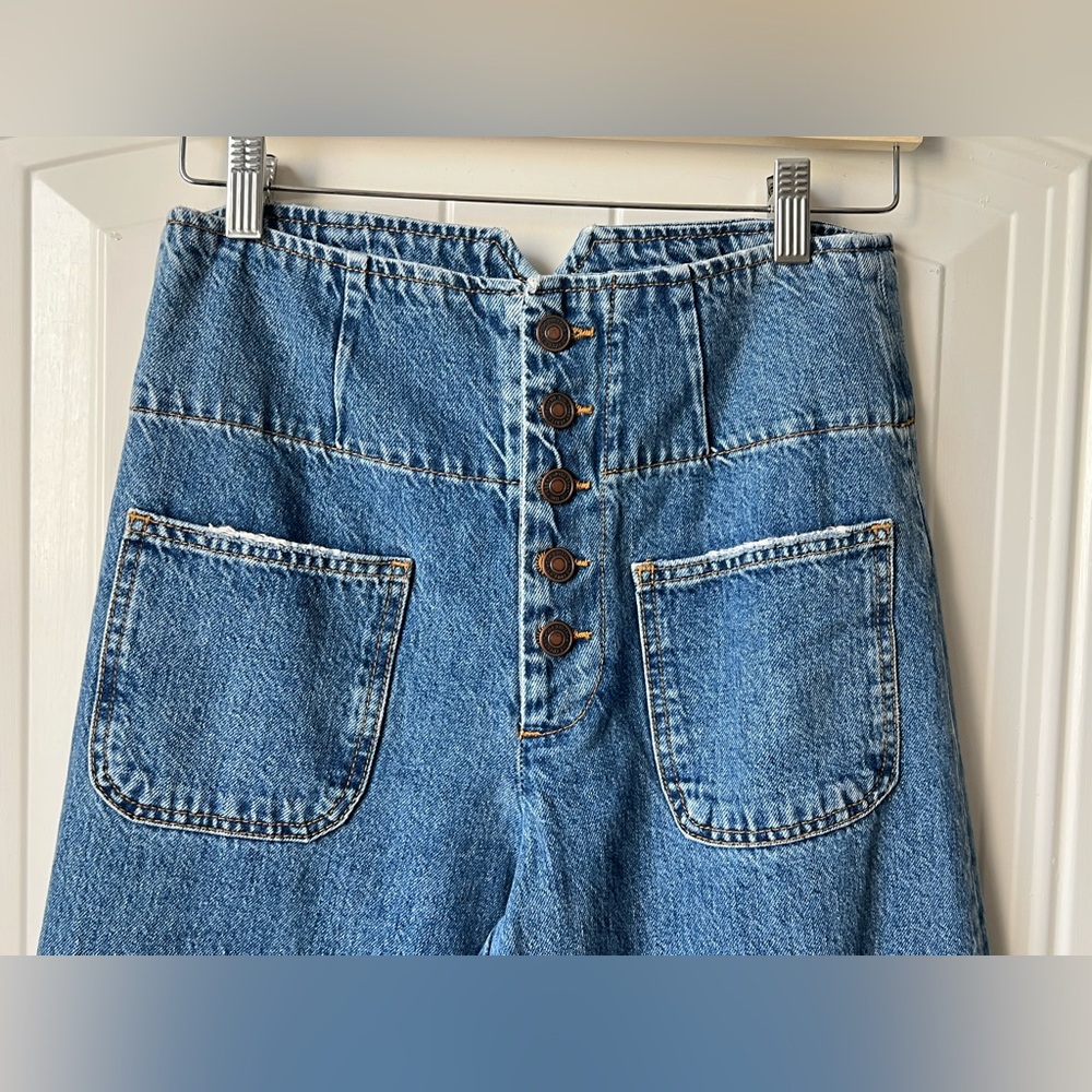 Free People Wide Leg High Rise Button Fly Jeans Size 27 Sailor Style Denim - Picture 5 of 14